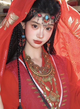 国庆旅游民族风红色烫金头巾女古风发饰沙漠旅游防晒披肩丝巾披风