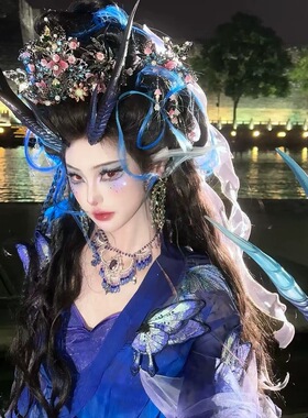 新款暗黑国风复古清汉女配饰蓝色发冠头饰簪子发钗古风汉服饰品