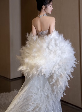 婚纱配饰晚礼服披风羽毛披肩纱白色天使写真拍摄道具走秀表演饰品