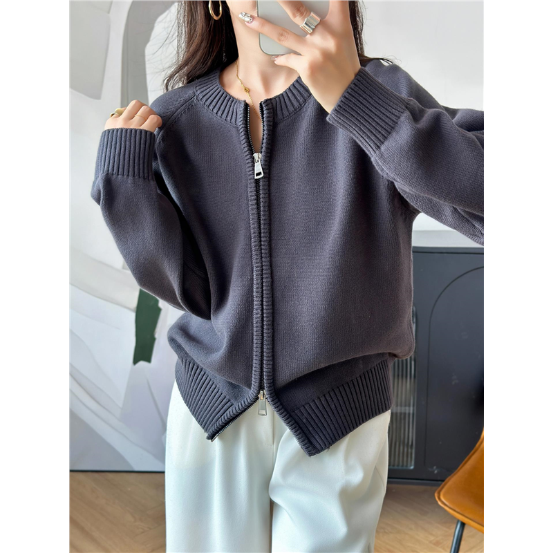 法式重磅加厚100纯棉线拉链针织开衫女短外套毛衣2025新宽松保暖,淘宝优惠券,粉丝福利购,淘宝优惠卷