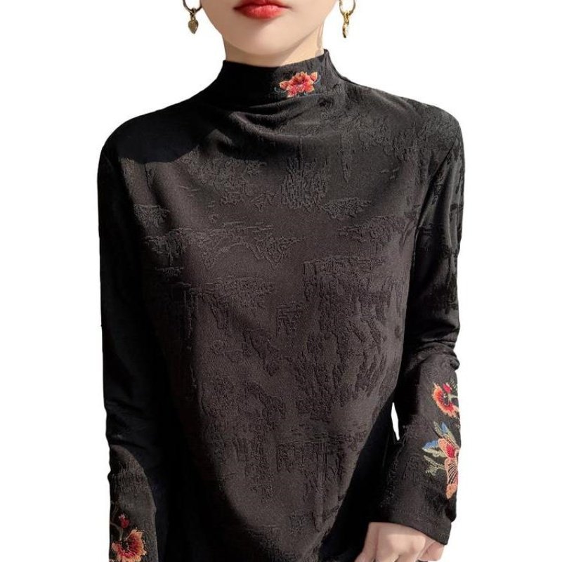 新中式国风刺绣上衣针织衫女半高领提花毛衣高级感气质保暖打底衫,淘宝优惠券,粉丝福利购,淘宝优惠卷