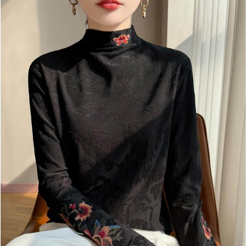新中式国风刺绣上衣针织衫女半高领提花毛衣高级感气质保暖打底衫,淘宝优惠券,粉丝福利购,淘宝优惠卷