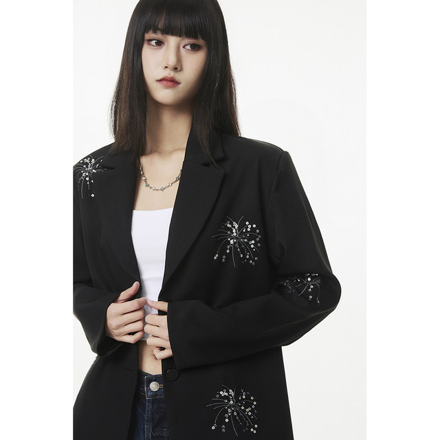 SeeU Xiyou Heavy Industry Fireworks Embroidered Beads Suit Jacket Black Slim Personality Loose Design Suit Women