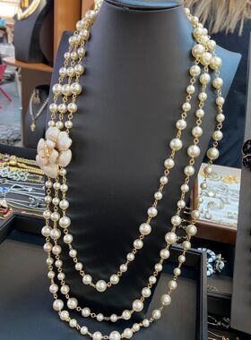 vintage三层琉璃珍珠黑白山茶花