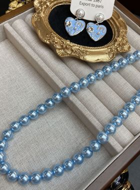 经典蓝色滴油爱心珍珠耳环天空蓝