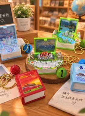 网红3d立体折叠书钥匙扣景区地标