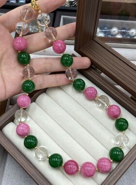 仿天然蔷薇辉石碧玉白水晶项链女