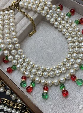 vintage琉璃珍珠多层红绿色流苏