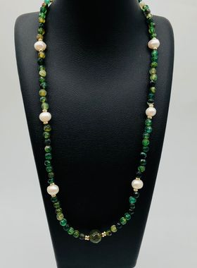 锁骨链绿色天然石加淡水珍项链
