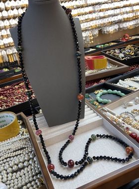 新中式超长款黑色水晶串珠项链美