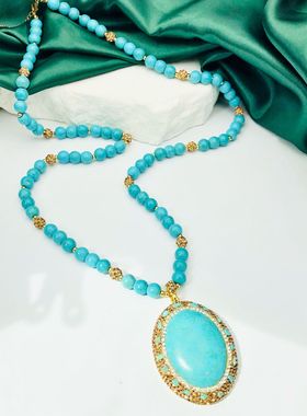 九匠绿松石圆珠链天然大绿松项链