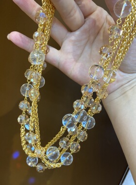 多层叠戴水晶长项链女轻奢金色链