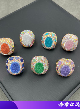 天然原矿晶牙镶嵌原石戒指个性