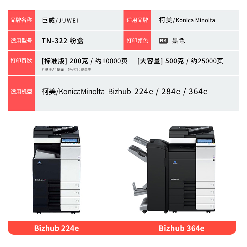 适用柯尼卡美能达TN322粉盒Konica Minolta Bizhub 224e 284e墨粉Bizhub 364e打印机碳粉224e复印机硒鼓墨盒 - 图3