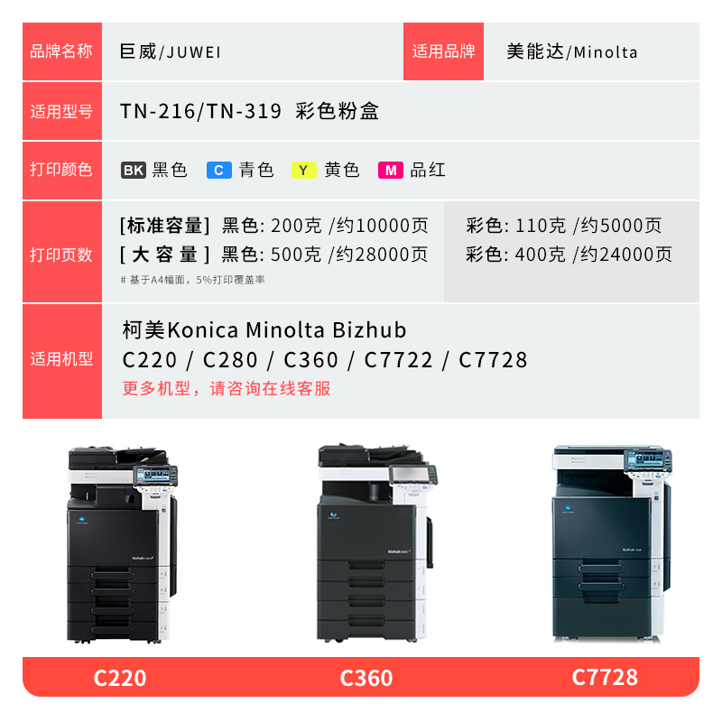 顺丰适用柯尼卡美能达C360粉盒bizhub C220 C280 C7722 C7728碳粉柯美TN216 TN319墨粉筒彩色复印机墨盒硒鼓 - 图3