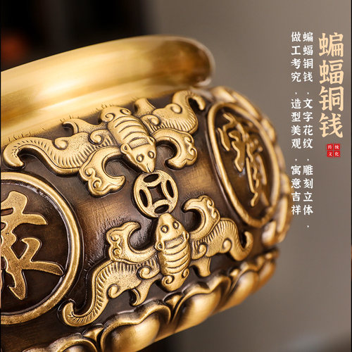 黄铜八福聚宝盆摆件招聚黄铜米缸玄关客厅办公室桌面工艺品装饰品 - 图0