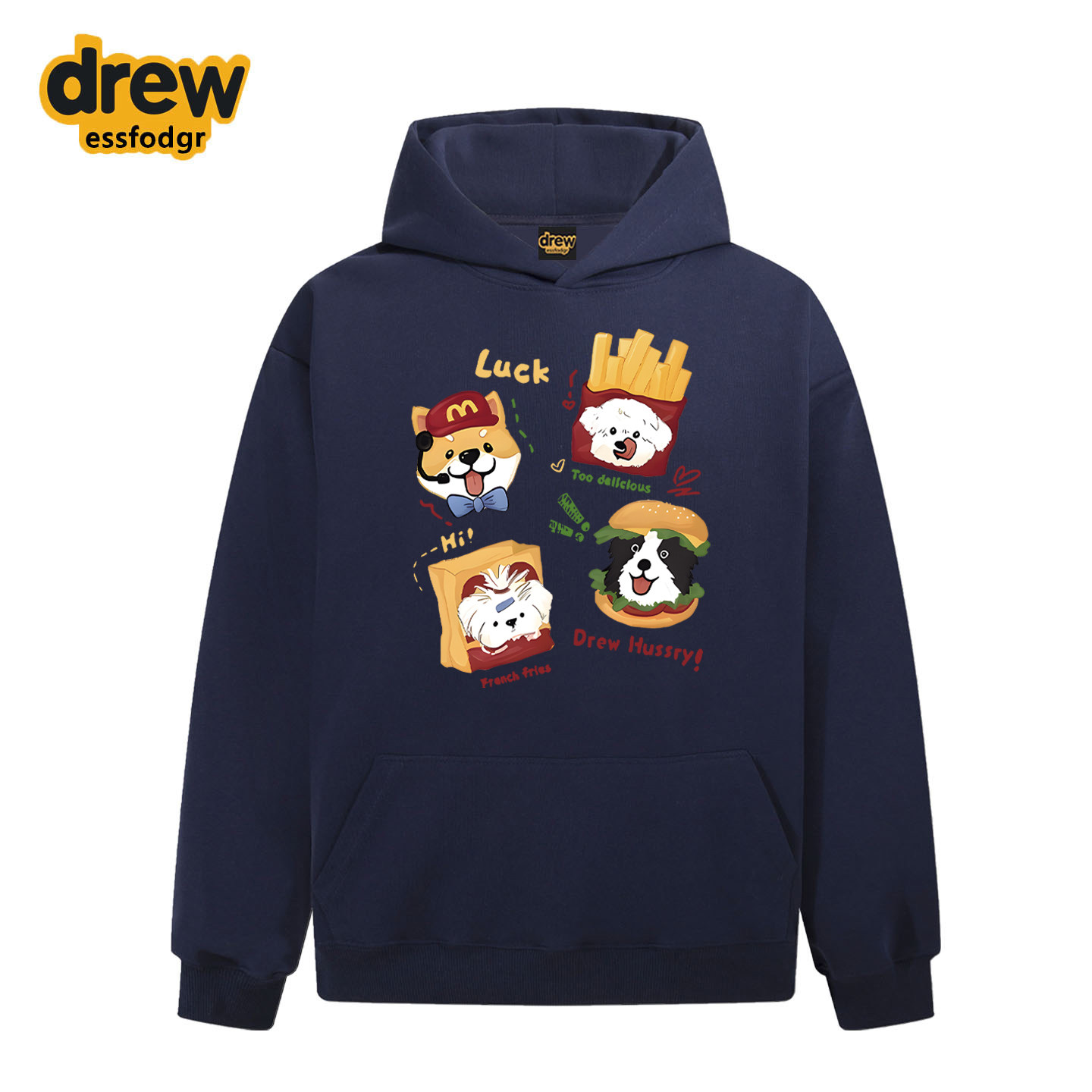 Drew美式潮牌趣味汉堡薯条小狗印花连帽卫衣男女休闲宽松情侣外套