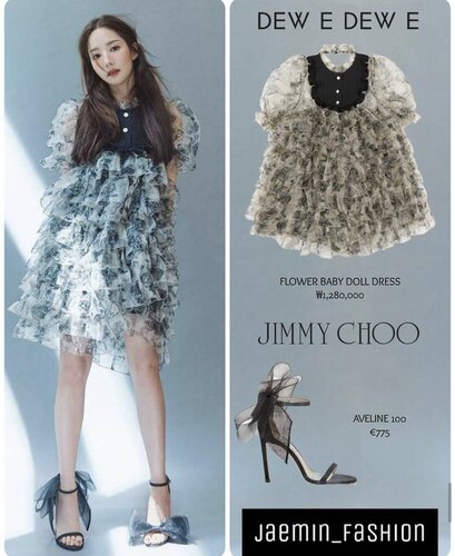 Jennie同款DEW E DEW E 21春泡泡袖拼接公主连衣裙网纱蛋糕裙 - 图0