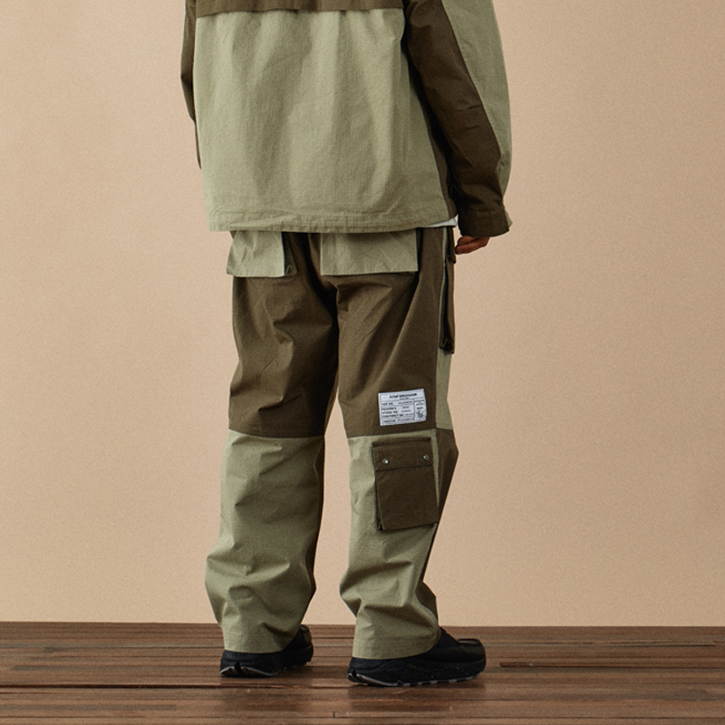 FETCH 春夏男女情侣款撞色拼接口袋休闲宽松工装长裤韩国代购 - 图0