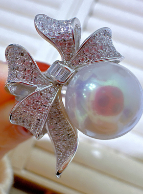 银蝴蝶结开口珍珠戒指 S925优雅甜美女神礼物大珍珠正圆几乎无暇