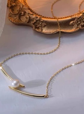 天然akoya海水珍珠项链筷子平衡木锁骨链微笑链交叉吊坠生日礼物