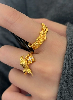 S925纯银复古金色微镶十字乌鸦戒指女开口可调节小众高级感食指戒