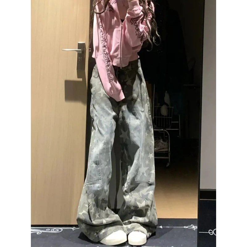 美式高街复古星星印花渐变牛仔裤女高腰宽松休闲百搭阔腿拖地长裤,淘宝优惠券,粉丝福利购,淘宝优惠卷