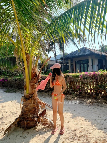 Sunset日落黄昏橙色波点比基尼三点式绑带性感度假风泳衣女 - 图3