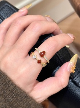 红色滴油葫芦四叶花戒指开口轻奢高级感叠戴百搭指环新年食指戒女