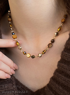 美拉德天然石项链女秋冬串珠焦糖色气质百搭毛衣链轻奢高级感颈链