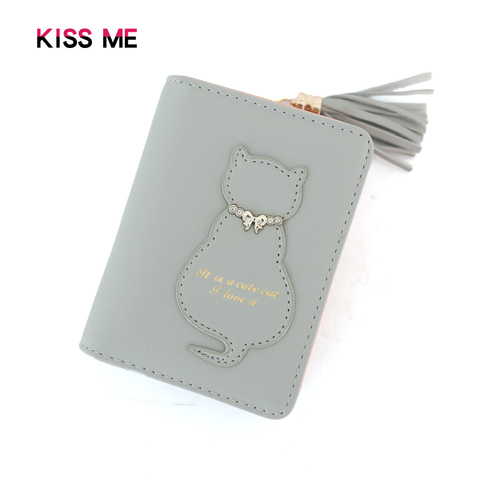 KISS ME猫咪图案可装零钱搭扣竖款钱包女短款2折女士钱夹 2021新
