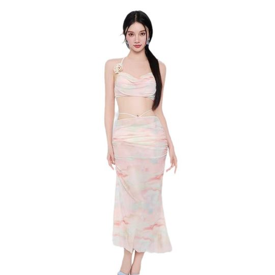 韩国ins网红高级感甜美花朵小胸聚拢比基尼裙式分体泳衣温泉泳装