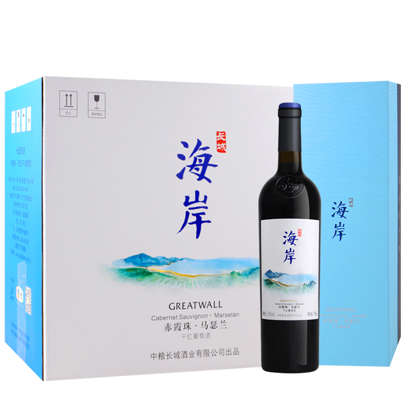 长城红酒 中粮长城海岸赤霞珠马瑟兰干红葡萄酒 750ml*6瓶 整箱 - 图0