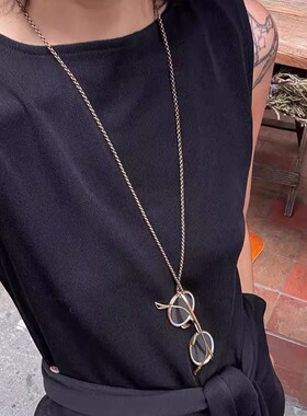 胡先煦同款眼镜项链复古摩登时尚毛衣链重工铜镀古金长颈链