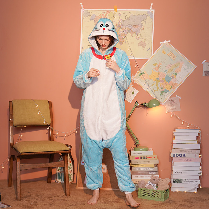 卡通动物连体哆啦a梦法兰绒睡衣 浅尚玫瑰睡衣/家居服套装