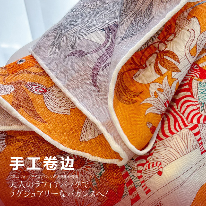 橘橙色真丝羊毛小方巾丝巾女2025新款秋季冬羊绒围巾薄高级感颈饰 - 图3