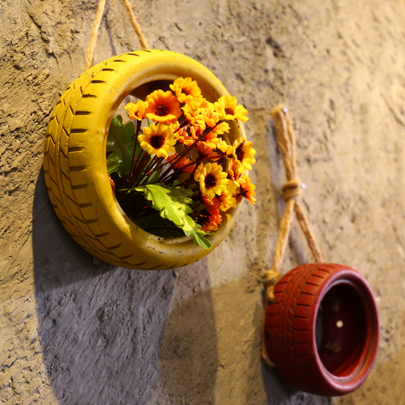 复古水泥轮胎花盆田园仿真植物壁挂家居室内墙