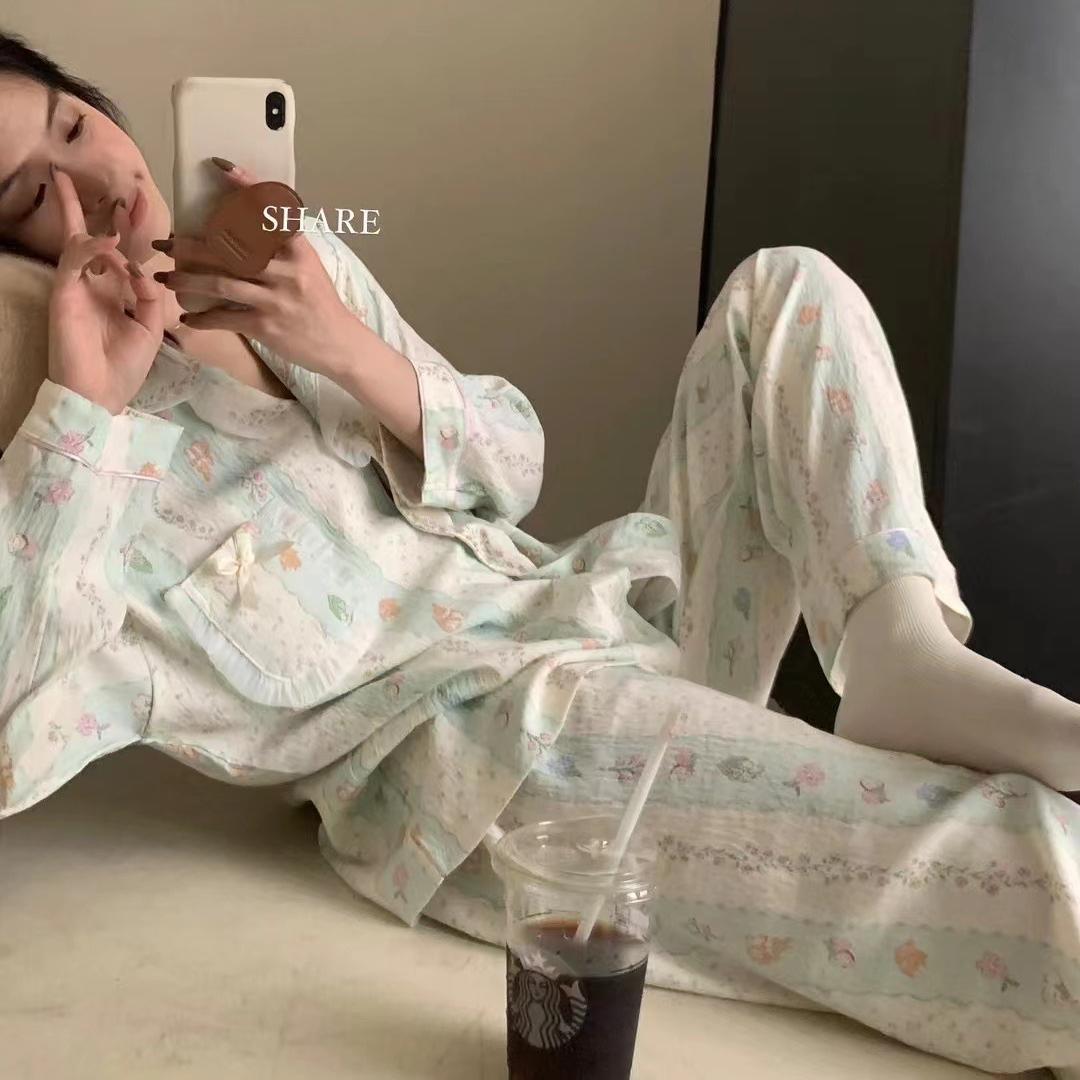 METOO早秋 软乎蛋糕带bra杯垫睡衣套装休闲舒适长袖长裤家居服女 - 图2