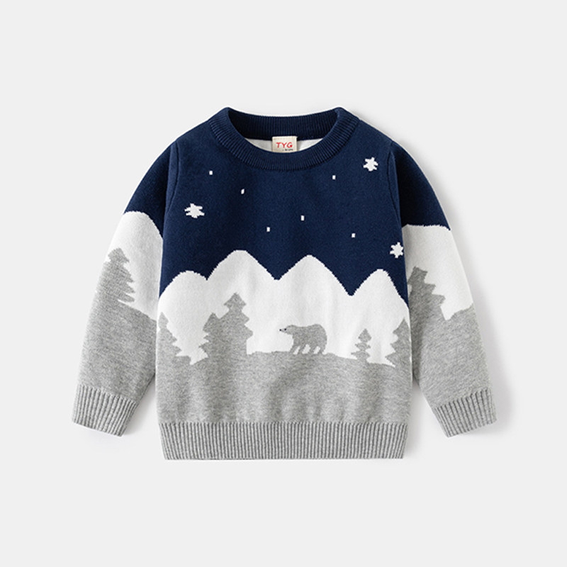儿童双层针织棉纱毛衣2026秋冬款童装男童雪山小熊套头保暖打底衫,淘宝优惠券,粉丝福利购,淘宝优惠卷