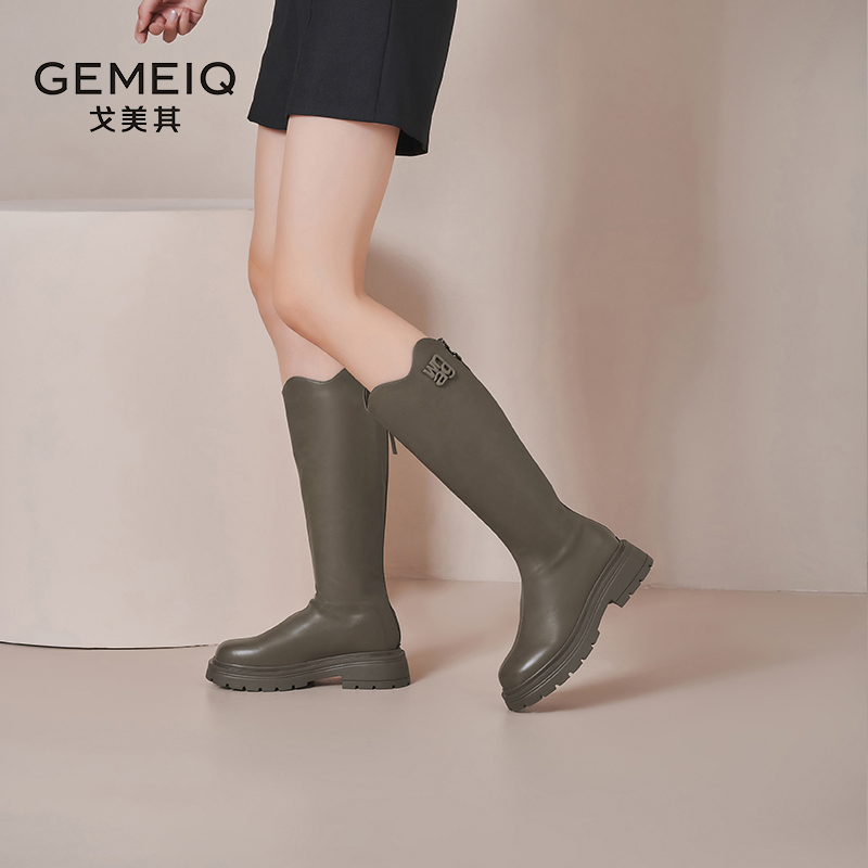 戈美其长筒靴女2025春季新款厚底小个子V字增高英伦风不过膝长靴 - 图3