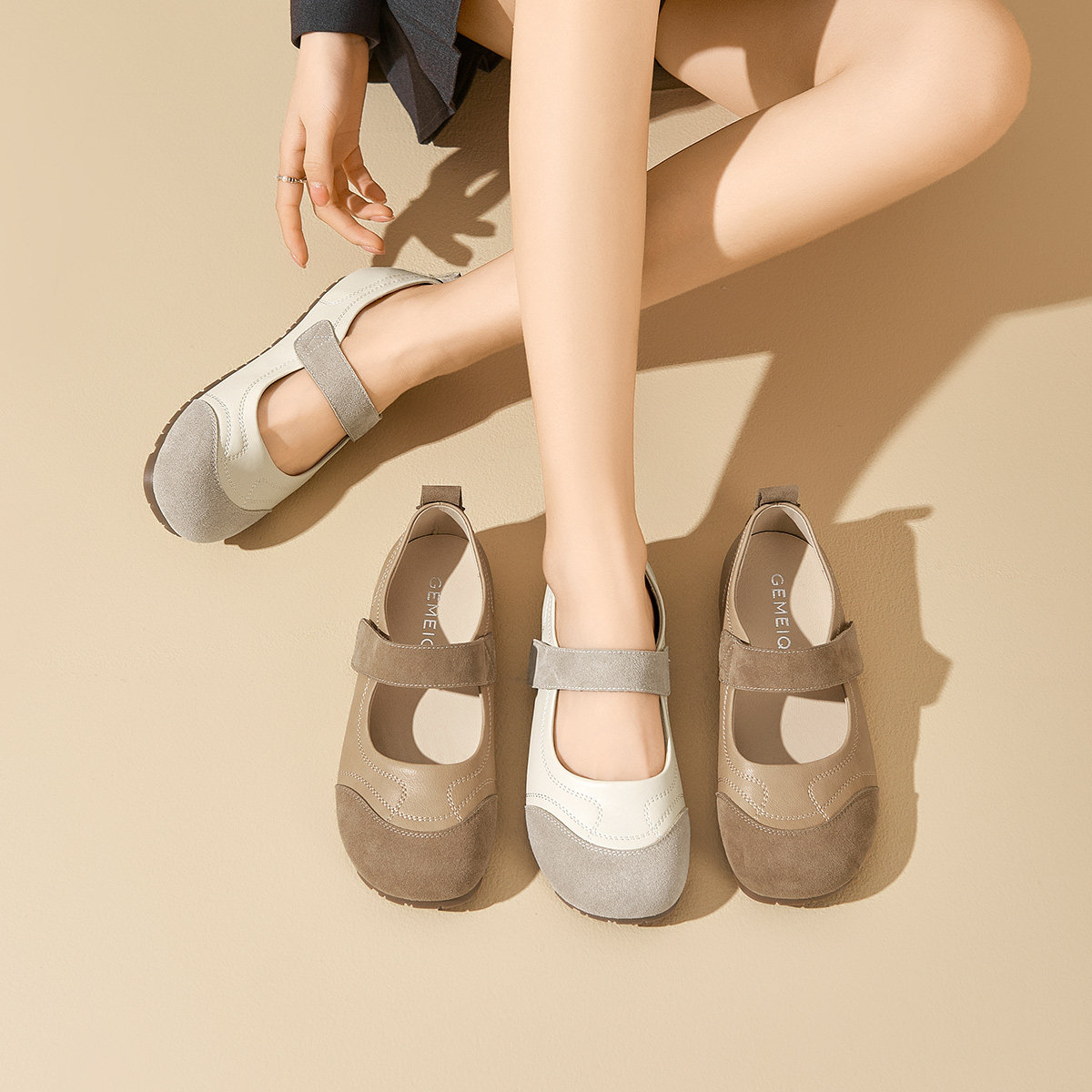 戈美其软底勃肯鞋女2025春季新款真皮拼色玛丽珍鞋平底女鞋博肯鞋,淘宝优惠券,粉丝福利购,淘宝优惠卷