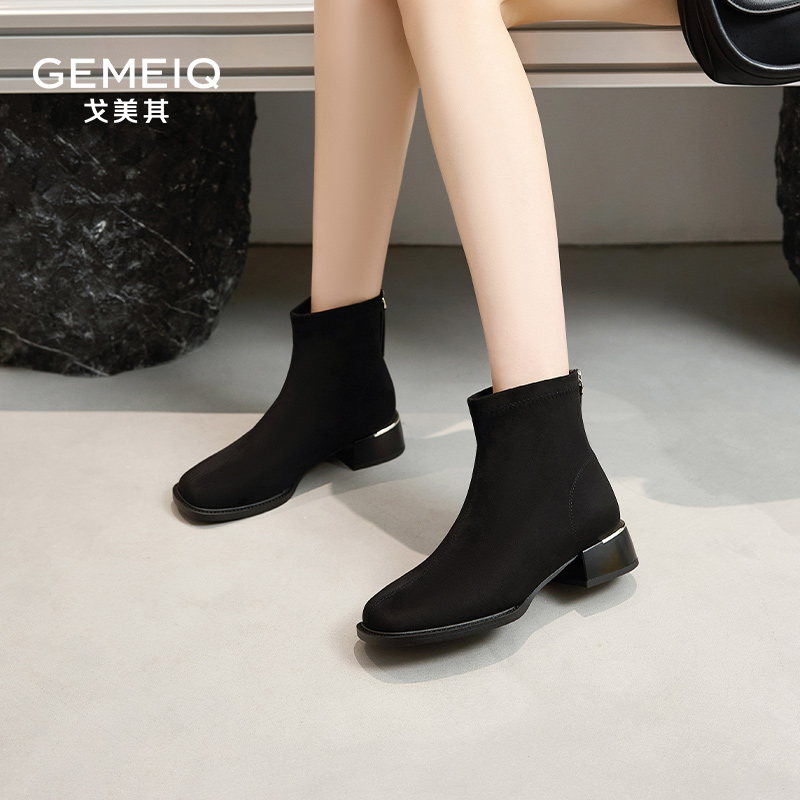戈美其粗跟短靴女款2025新款春季时装单靴百搭绒面靴子弹力瘦瘦靴 - 图1