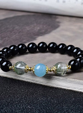天然黑曜石海蓝宝手链 绿幽灵水晶手链转运珠饰品