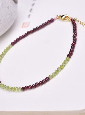 天然极细石榴石手链新款夏小珠子生日礼物古风复古绿橄榄石手串