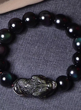 天然黑曜石金蟾手链