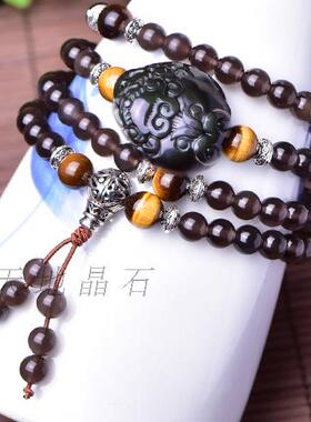 天然冰种黑曜石貔貅108粒手链  黑曜石有求必应貔貅手串