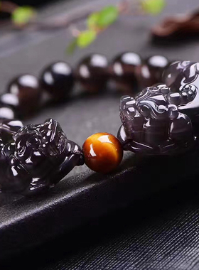 天然冰种黑曜石貔貅手链