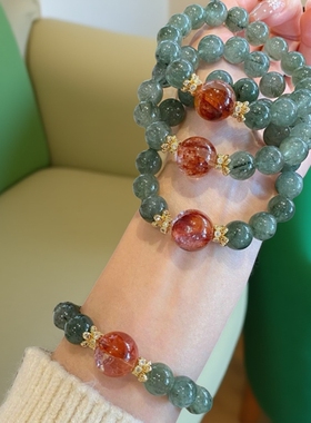 原创设计天然绿发晶招财转运手串胶花白水晶貔貅手链小众喜木火女