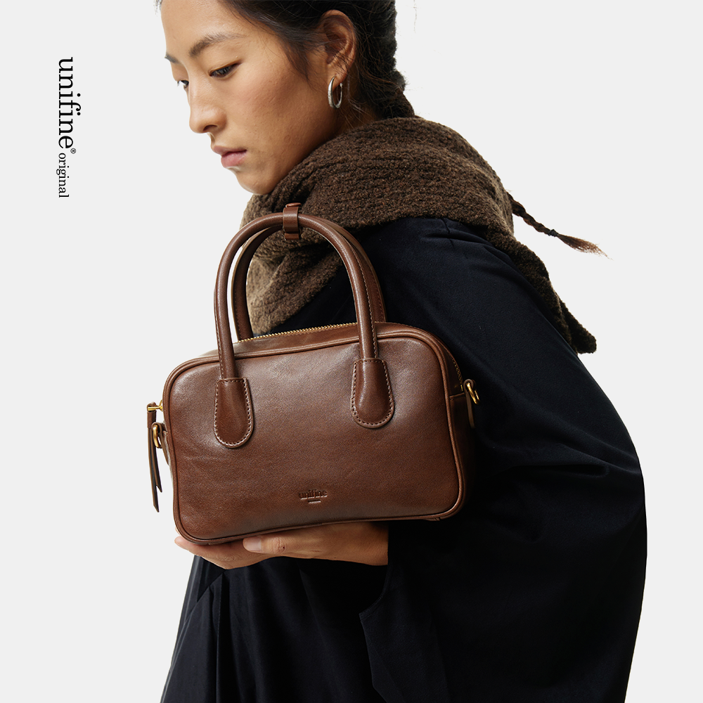 【第2件5折】unifine新款真皮斜挎包植鞣牛皮手提波士顿包女包包