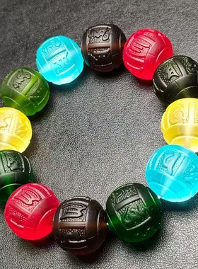 新正品天然捷克陨石多宝彩色玻璃陨石雕刻六字真言手串大颗粒20mm
